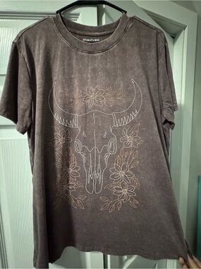 Maurices Brown Distressed Bull Skull Floral Tee